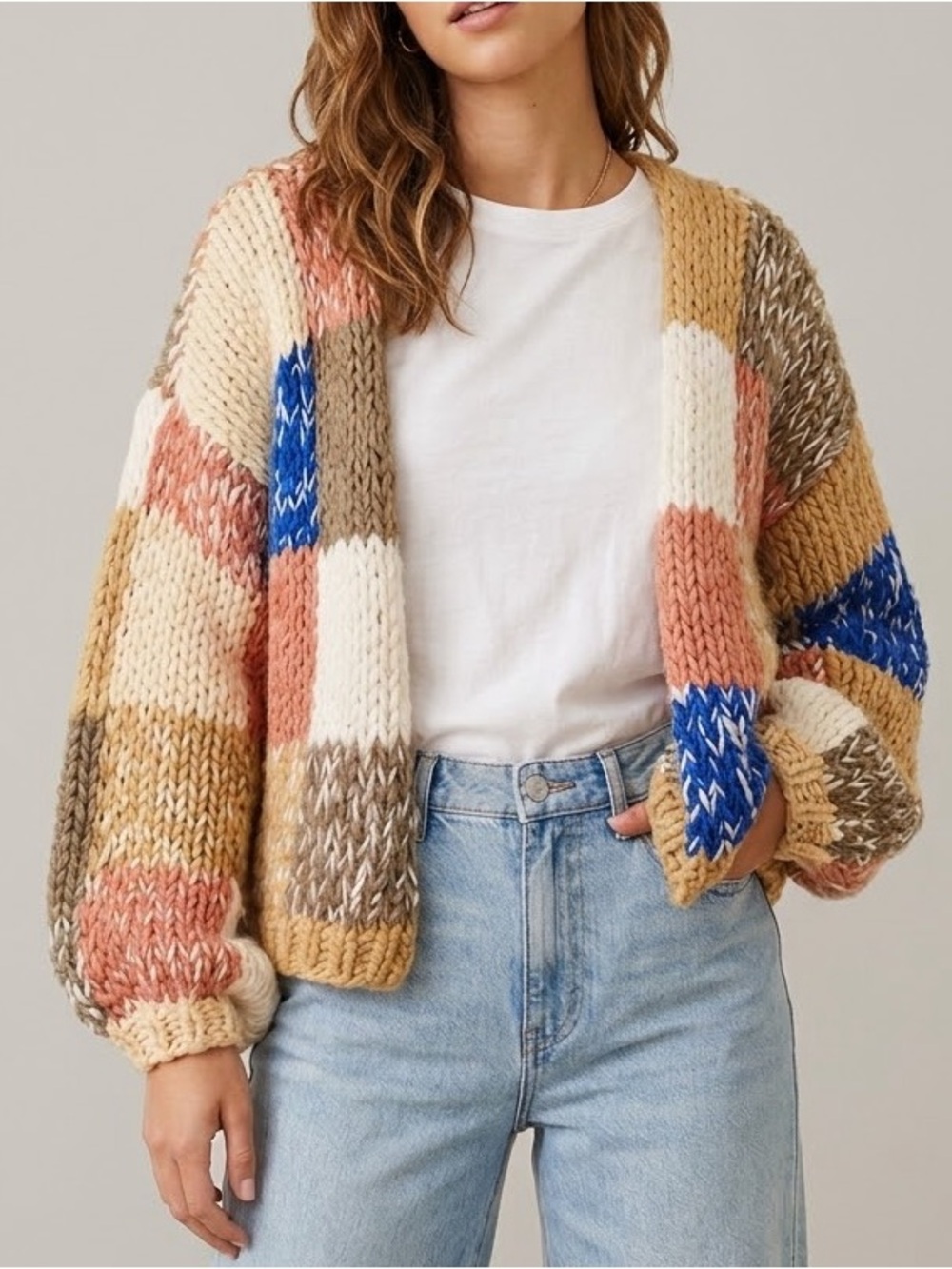 Altar’d State Checkered Cardigan Chunky Knit Sweater Size Large Boho
